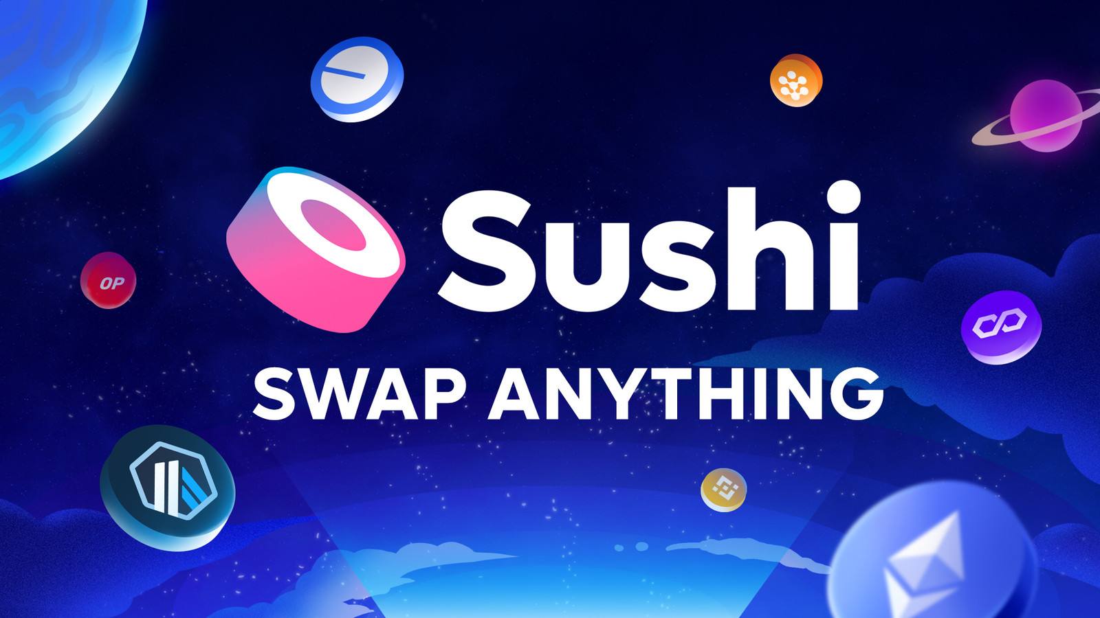 Sushi logo and Swap Anything text amid colorful floating coin symbols